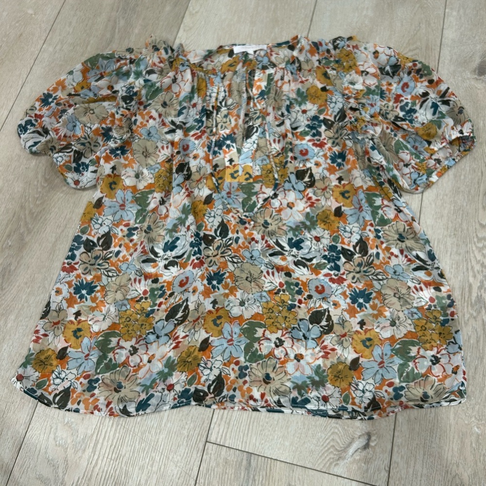 Olivaceous Blue and Brown Ruffled Short Sleeve Blouse